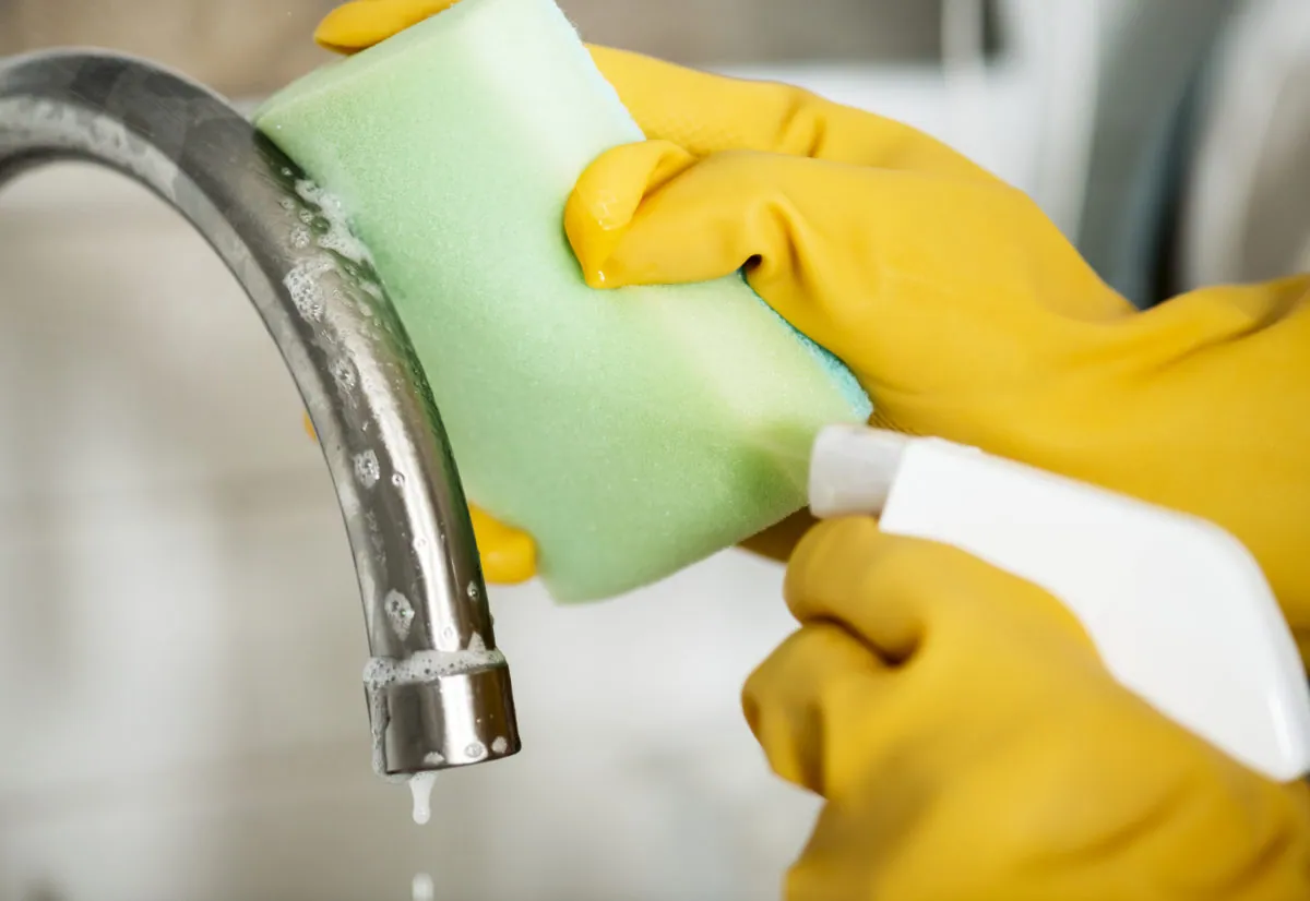 Gloved hands cleaning a restroom sink